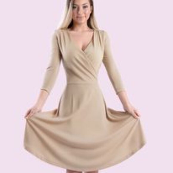 NWT Tam Ware Surplice Neckline 3/4 Sleeve Beige Skater Dress Large - Picture 2 of 9